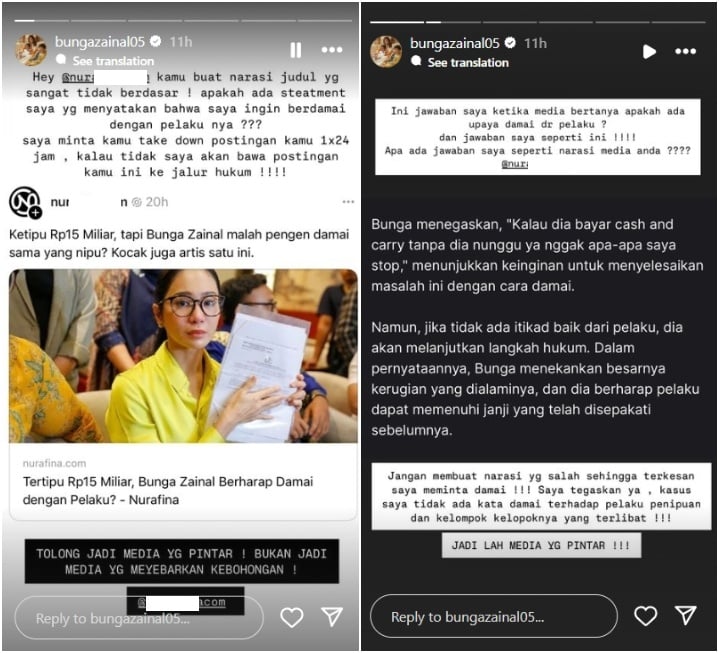 Bunga Zainal diisukan mau berdamai dengan pelaku penipuan (Instagram)