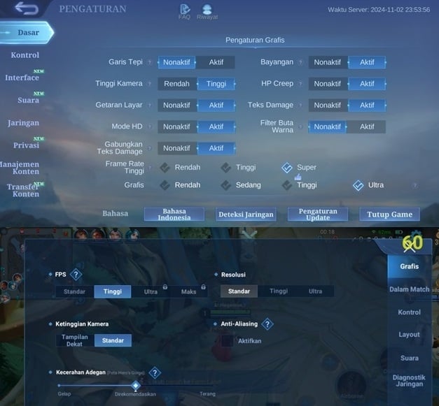 Pengaturan grafis pada Mobile Legends dan Honor of Kings Vivo V40 Lite 4G. (Suara.com)