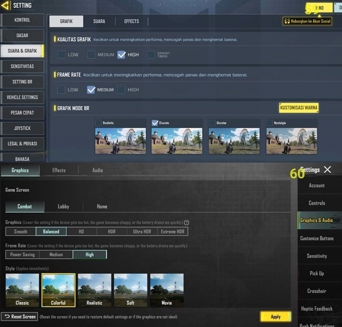 Pengaturan grafis COD Mobile dan PUBG Mobile di Vivo V40 Lite 4G. (Suara.com)
