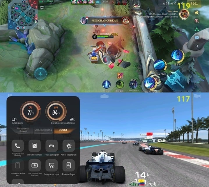 Tangkapan layar Mobile Legends dan Real Racing 3 di Vivo V40 Lite 4G. (Suara.com)