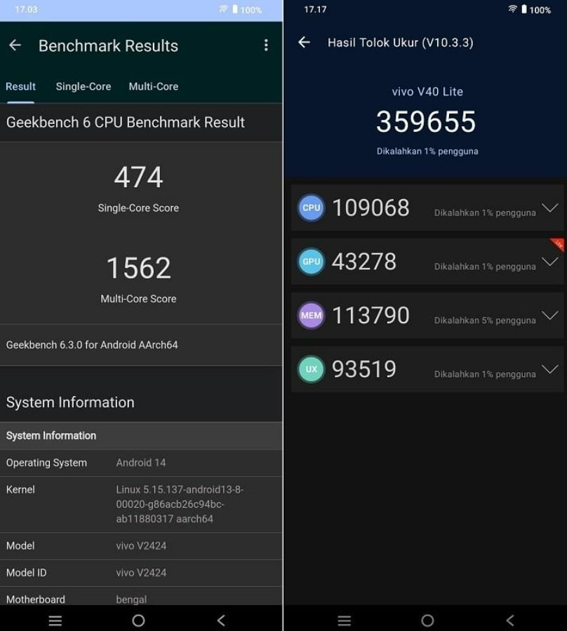 Vivo V40 Lite 4G - hasil benchmark. [HiTekno.com]