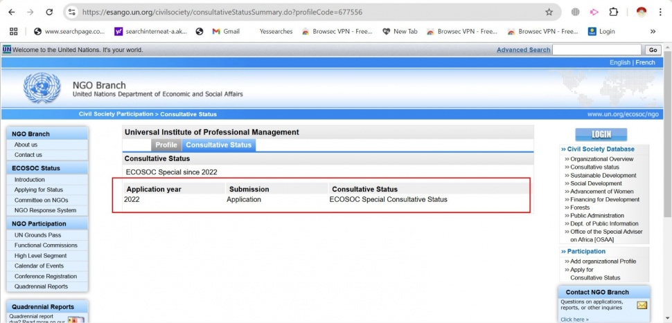 UIPM dan Status Special Consultativ dari ECOSOC (tangkap layar situs ecosoc)