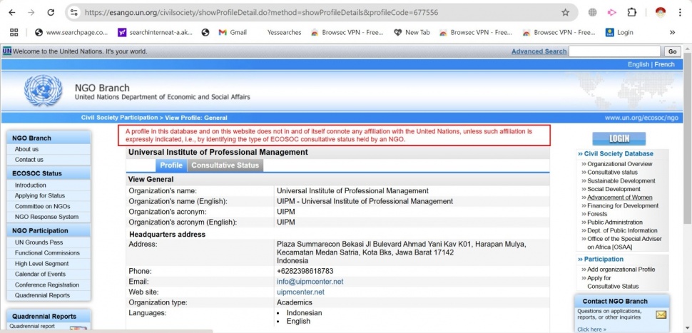 UIPM dan Status Special Consultativ dari ECOSOC (tangkap layar situs ecosoc)