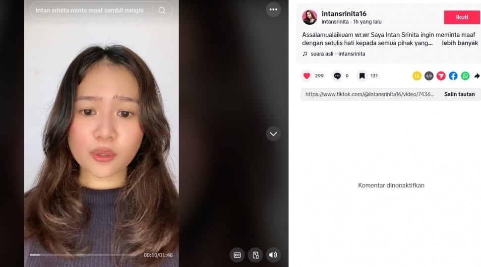 Intan Srinita mematikan kolom komentar. (TikTok)