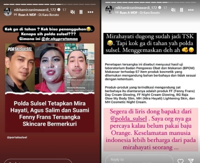 Postingan Nikita Mirzani tentang Mira Hayati (Instagram)