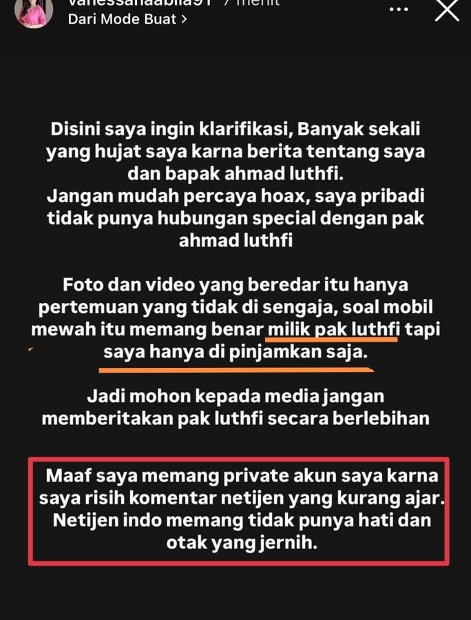 Klarifikasi Vanessa Nabila, selebgram diduga simpanan Ahmad Luthfi. (X/@Anak__Ogi)