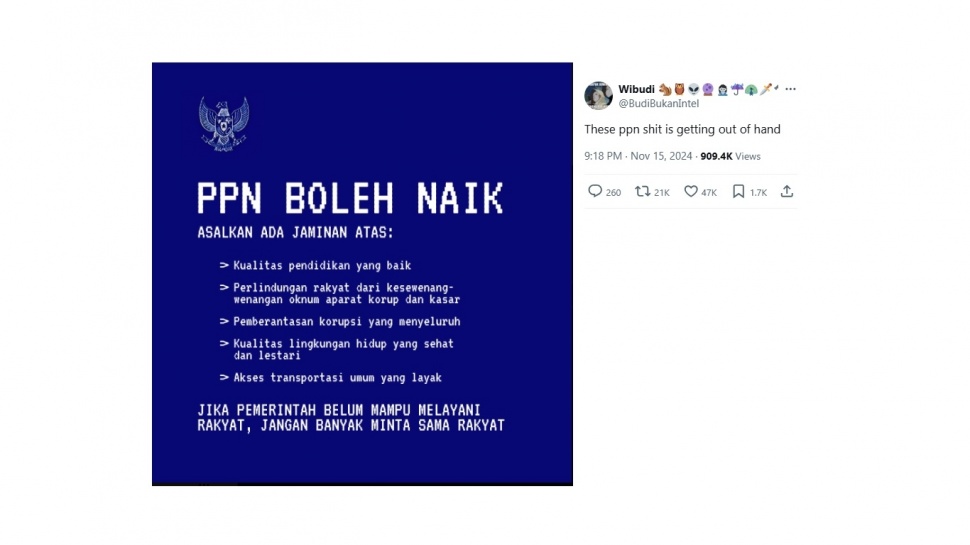 Warganet tolak kenaikan PPN 12 persen. [X/@BudiBukanIntel]