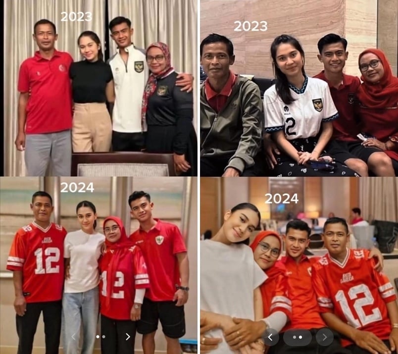 Foto Azizah Salsha dengan suami, Pratama Arhan, dan mertuanya pada tahun 2023 vs 2024. (TikTok/@seaa_27)