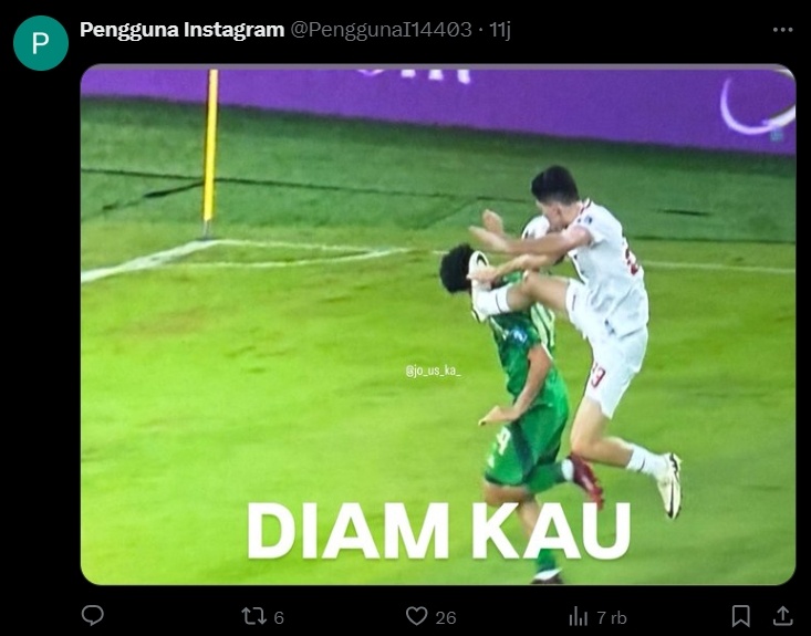 Meme kocak Justin Hubner saat tendang kepala pemain timnas Arab. (x/Pengguna14403)