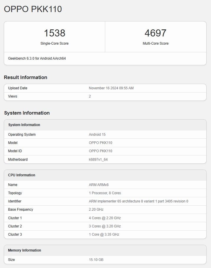 Oppo Reno 13 Pro di Geekbench. (GSM Arena)