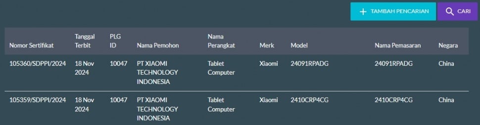 Xiaomi Pad 7 series lolos sertifikasi di Indonesia. (SDPPI)
