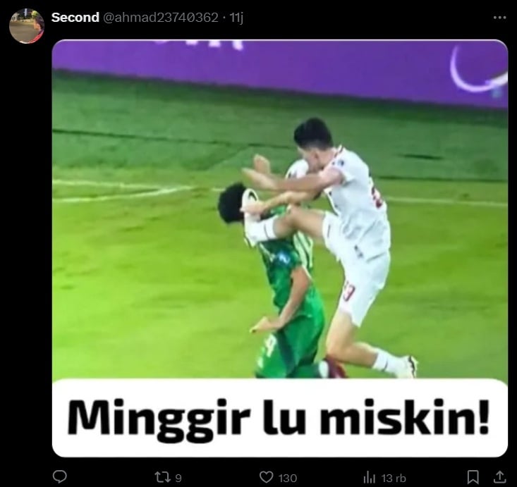 Meme kocak Justin Hubner saat tendang kepala pemain timnas Arab. (x/ahmad23740362)