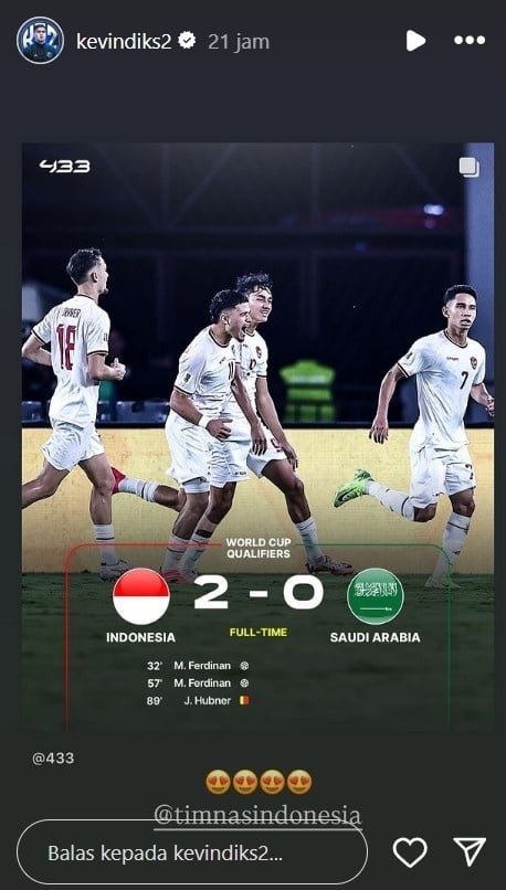 Kevin Diks menyambut suka cita kemenangan Timnas Indonesia atas Arab Saudi. [Instagram @kevindiks2]