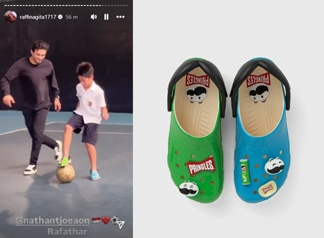 Sandal unik Rafathar saat main bola bareng Nathan Tjoe-A-On. (Kolase Instagram/raffinagita1717 dan clothbase.com)