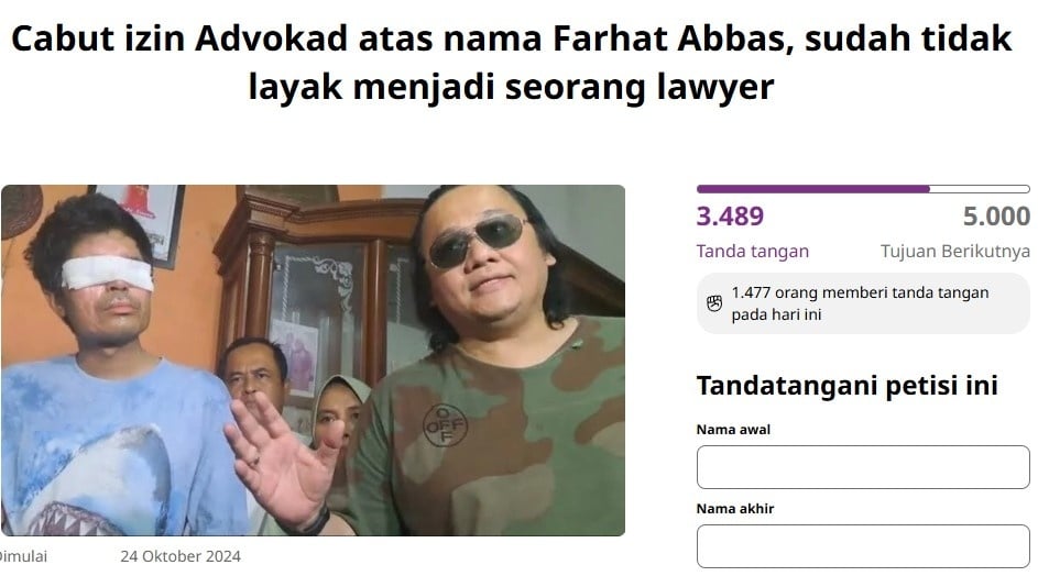 Petisi cabut izin advokat Farhat Abbas mencuat (Tangkapan layar laman Change.org)