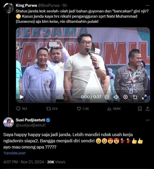 Susi Pudjiastuti mengomentari pedas Ridwan Kamil yang pidato seksis soal janda. (X/@susipudjiastuti)