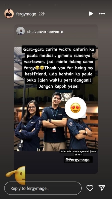 Instagram Story Chelzea Verhoeven tentang Fergy Mage, pria yang menemani Paula Verhoeven di sidang cerai. (Instagram/@fergymage)