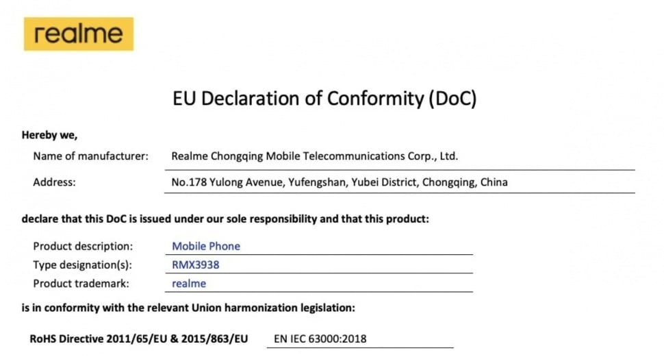 Realme Note 60x lolos sertifikasi. (EU Declaration)