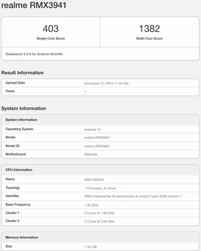 Realme C75 muncul di platform benchmark. (Geekbench)