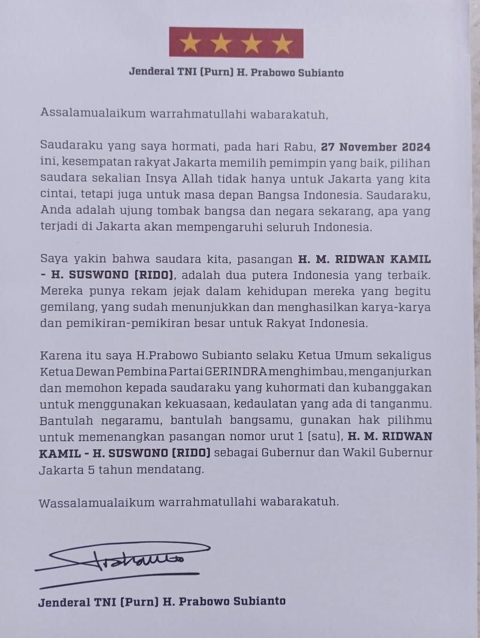 surat edaran atas nama Presiden Prabowo Subianto mengajak warga Jakarta untuk memilih Pasangan Calon Gubernur (Cagub) dan Wakil Gubernur (Cawagub) DKI Jakarta nomor urut satu, Ridwan Kamil (RK)-Suswono. (tangkapan layar/ist)