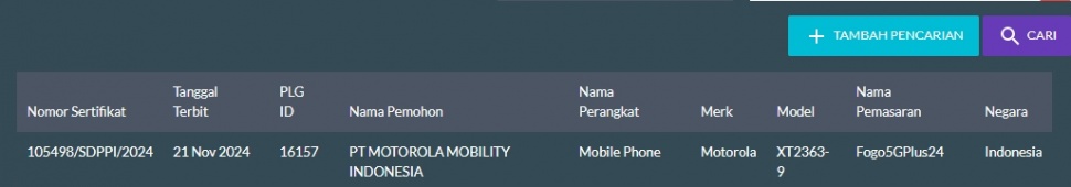 HP misterius Motorola Fogo 5G Plus 2024 lolos sertifikasi di Indonesia. (SDPPI)