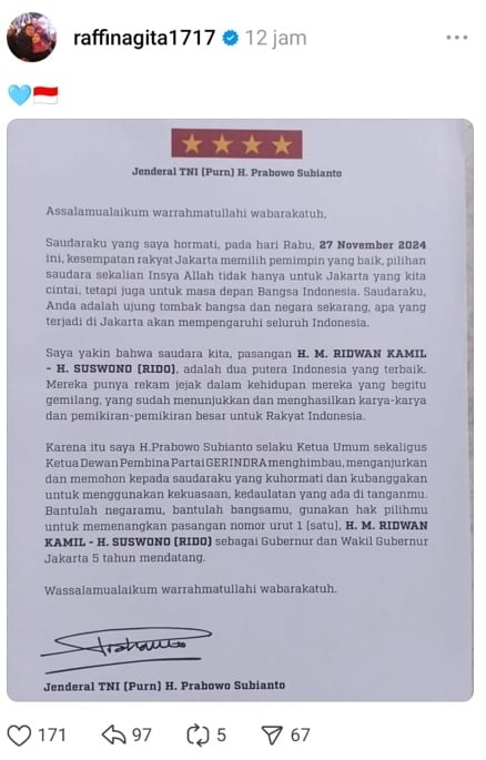 Postingan surat dukungan Prabowo masih terpampang di akun Raffi Ahmad. (Thread)