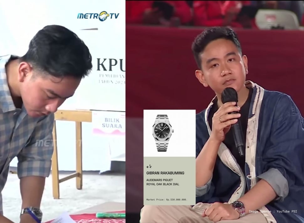 Jam tangan mewah yang diduga dipakai Gibran Rakabuming Raka saat mencoblos Pilkada 2024-2029. [TikTok/@metro_tv ; Instagram/@tankamedium]