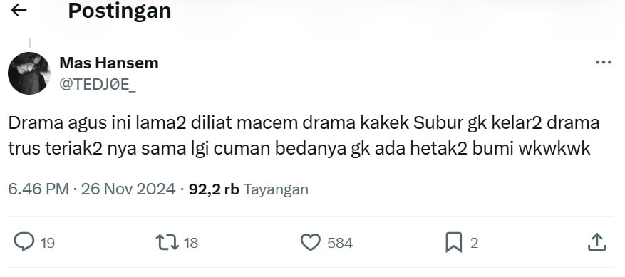 Kasus Agus Salim dibandingkan dengan Eyang Subur (Tangkapan layar X)