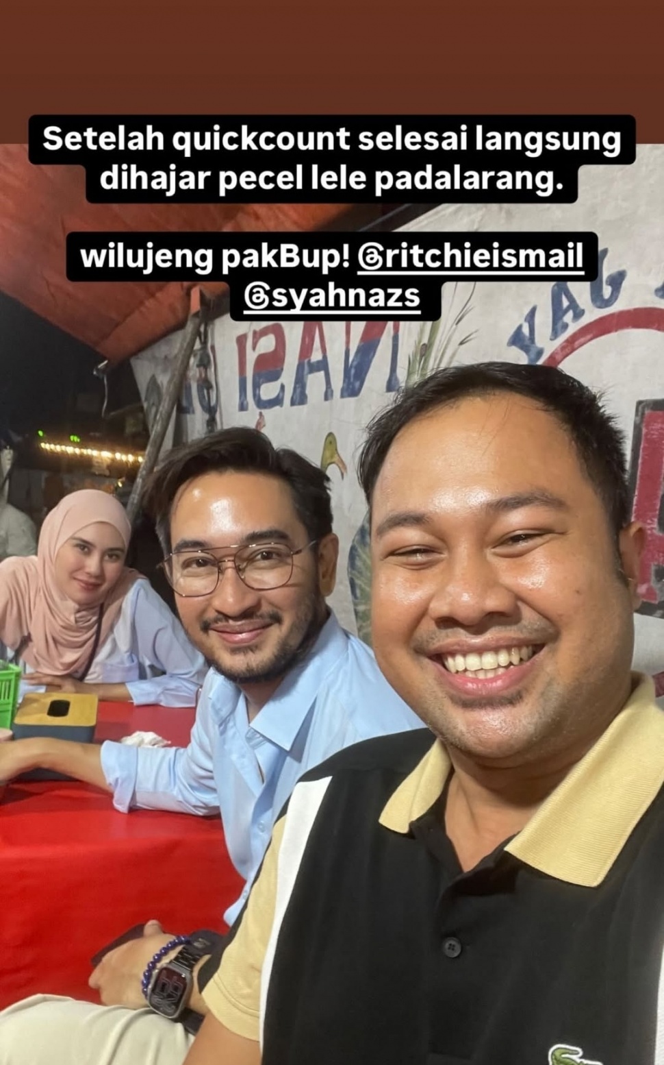 Unggul Hasil Hitung Cepat, Jeje Govinda dan Syahnaz Sadiqah 'Rayakan' dengan Makan Pecel Lele di Padalarang (Instagram)