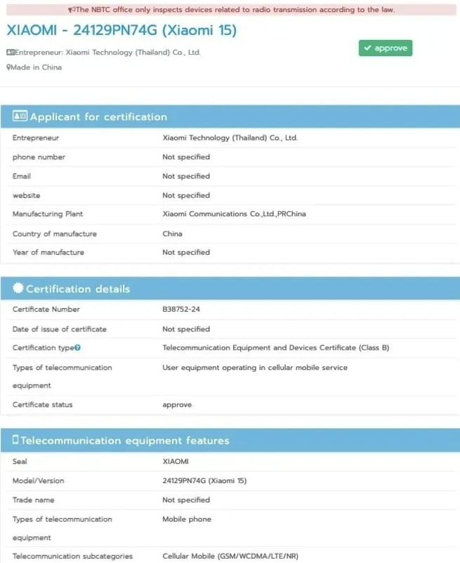 Xiaomi 15 lolos sertifikasi di NBTC. (Thailand)