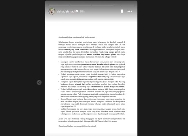 Klarifikasi Alshad Ahmad tentang perceraiannya dengan Nissa Asyifa (Instagram)