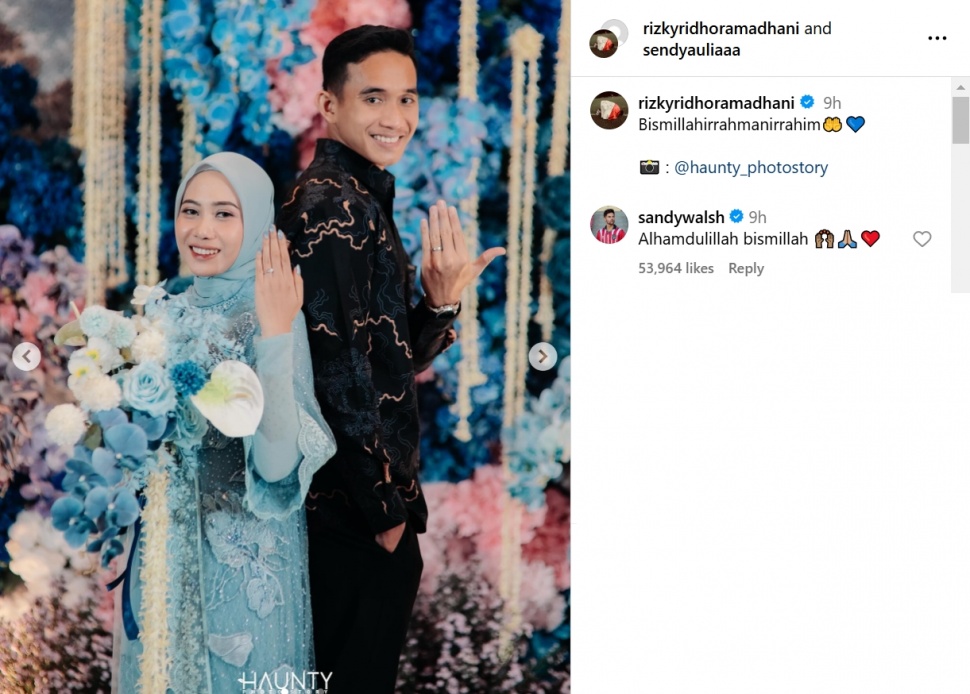 Sandy Walsh tuliskan Alhamdulillah dan Bismillah di postingan Rizky Ridho. (Instagram/@rizkyridhormadhani)