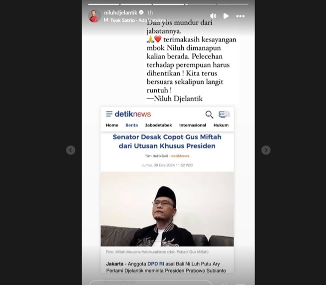 Niluh Djelantik bersyukur Gus Miftah mundur dari jabatannya (Instagram)