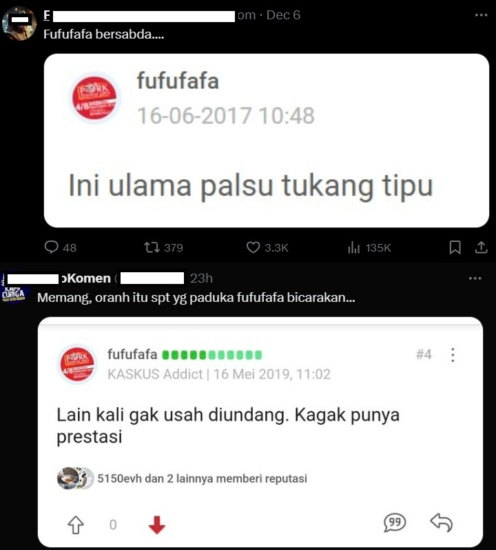 Netizen membagikan meme Fufufafa untuk menyindir Gus Miftah. (X)