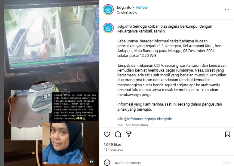 Viral kasus penculikan seorang wanita di Bandung. (tangkapan layar/Instagram)