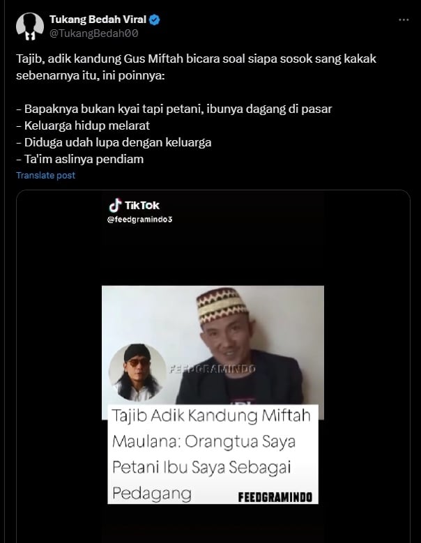 Tajib adik Gus Miftah Maulana. [X/@TukangBedah00]