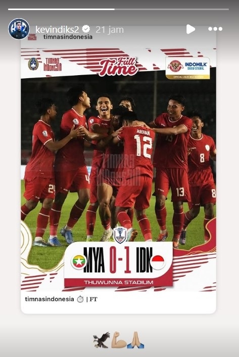 Kevin Diks turut menyambut antusias kemenangan Timnas Indonesia 1-0 atas Myanmar dalam laga perdana Grup B Piala AFF 2024. [Instagram @kevindiks2]