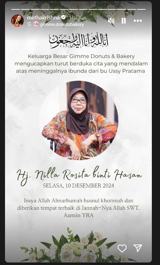 Ibu Ussy Sulistiawaty meninggal dunia [Instagram/@methakrishna]