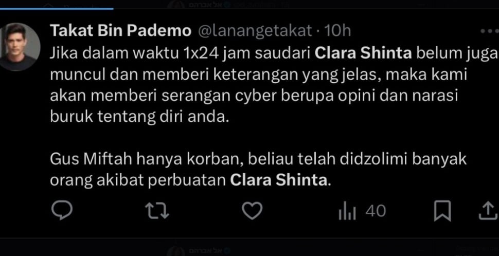 Ancaman pada Clara Shinta (X/tangkapanlayar)