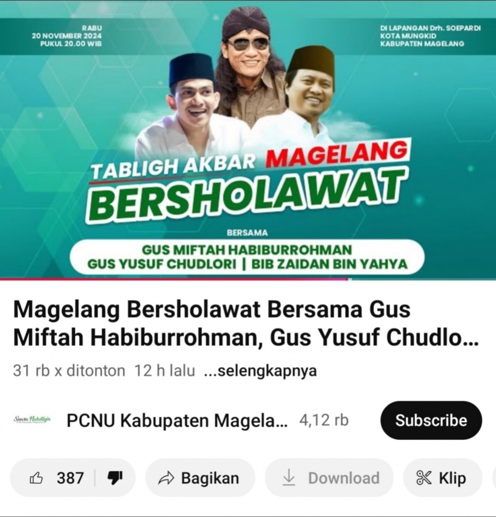 Unggahan PCNU Kabupaten Magelang di YouTube (X/makan_tomatt)