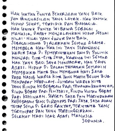 Penampakan surat yang ditulis Tom Lembong di dalam penjara. (tangkapan layar/X)