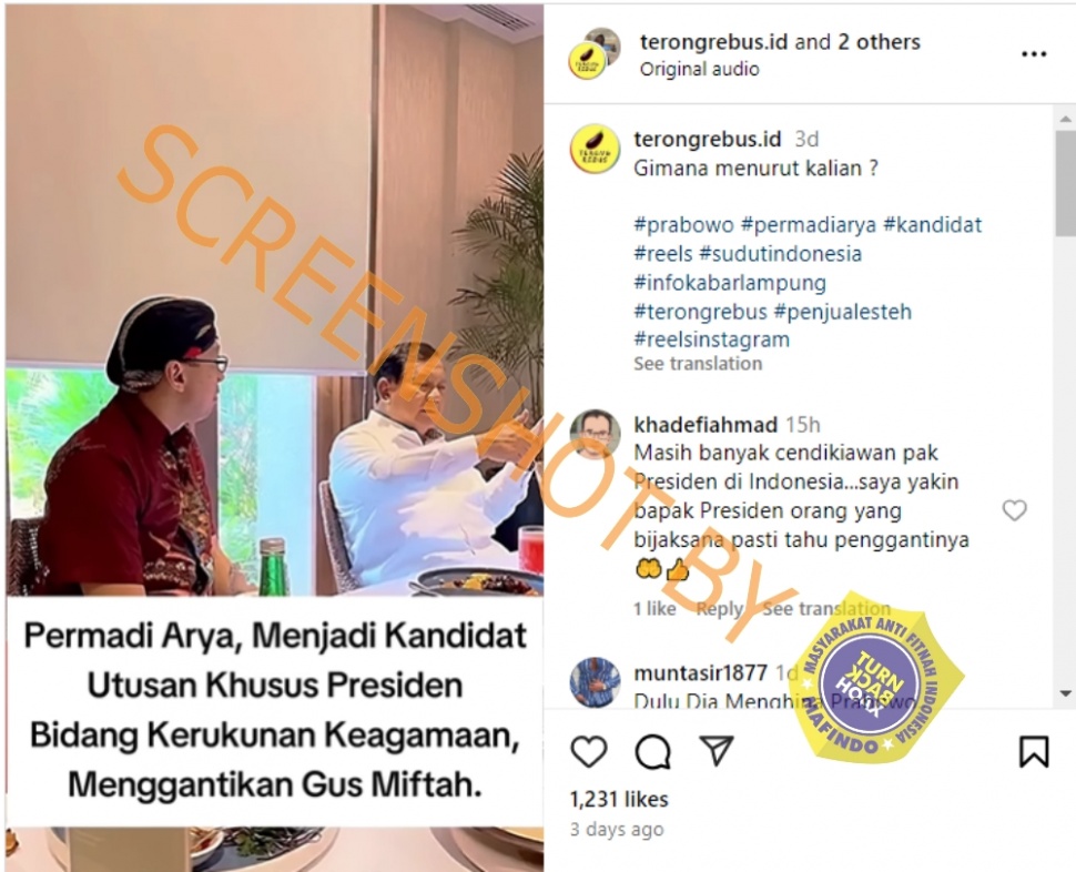 Cek Fakta Permadi Arya alias Abu Janda gantikan Gus Miftah (turnbackhoax.id)