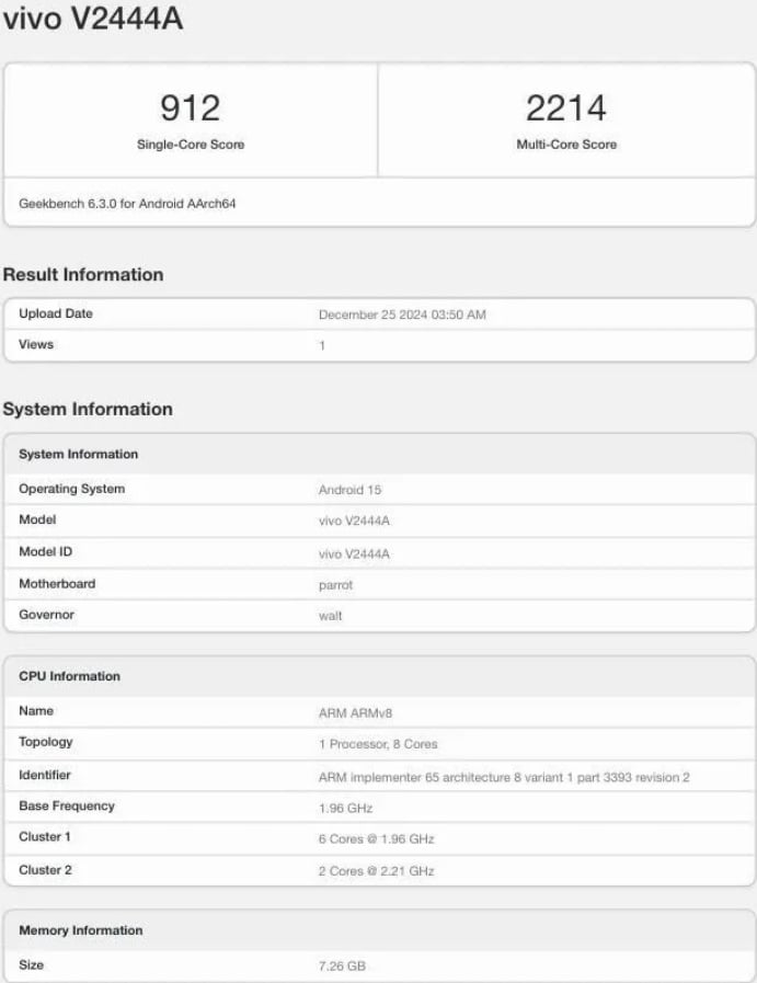 Jovi Y39 5G muncul di platform benchmark. (Geekbench via MySmartPrice)