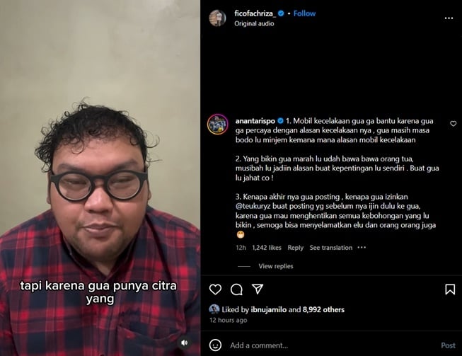 Ananta Rispo marah ke Fico Fachriza karena diduga menipu banyak rekan artis (Instagram)