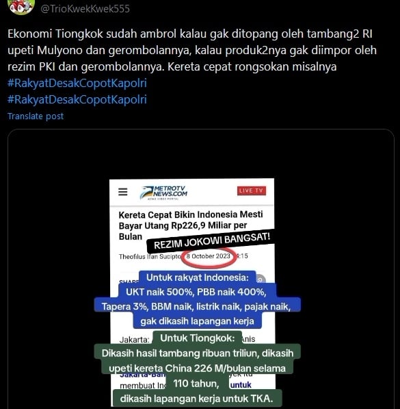 Cek Fakta Upeti kereta cepat RI menopang perekonomian Tiongkok (X)