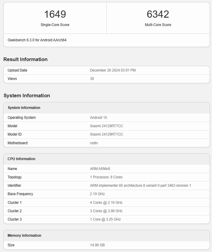 Redmi Turbo 4 muncul di platform benchmark. (Geekbench)