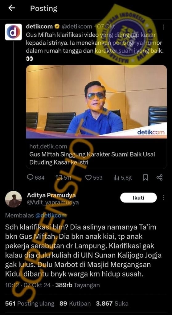 Cek Fakta Gus Miftah Bernama Asli Ta'im dan bukan keturunan Kiai (turnbackhoax.id)