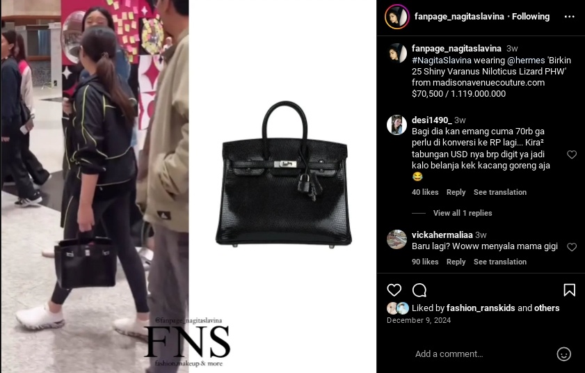 Tas Hermes Nagita Slavina seharga miliaran Rupiah. [Instagram/@fanpage_nagitaslavina]