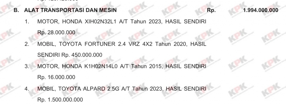 Kendaraan milik Bupati Jepara Witiarso Utomo yang dilaporkan pada Agustus 2024. (LHKPN)