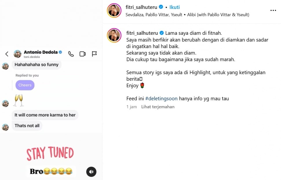 Unggahan Fitri Salhuteru mengenai pesan Antonio Dedola (Instagram/fitri_salhuteru)